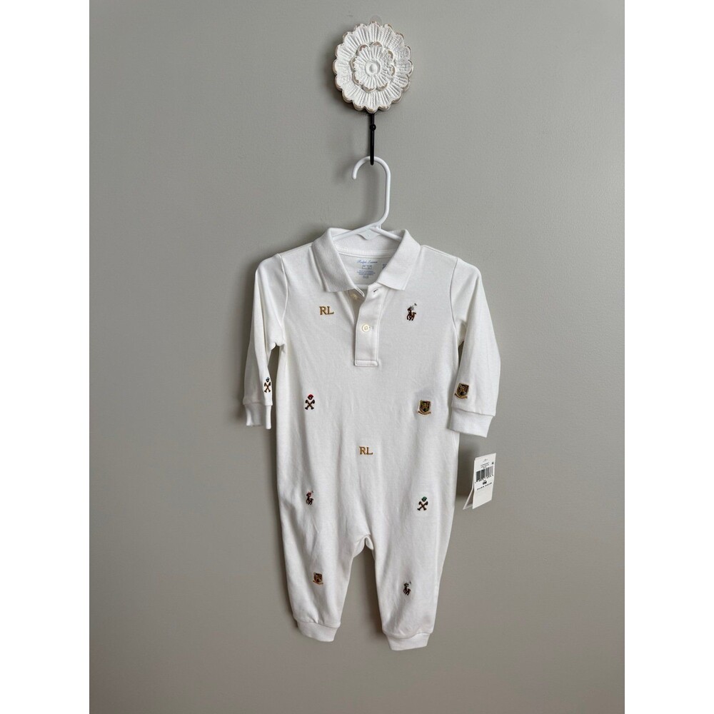 NWT Ralph Lauren Baby Boy Polo Embroidered Coverall White